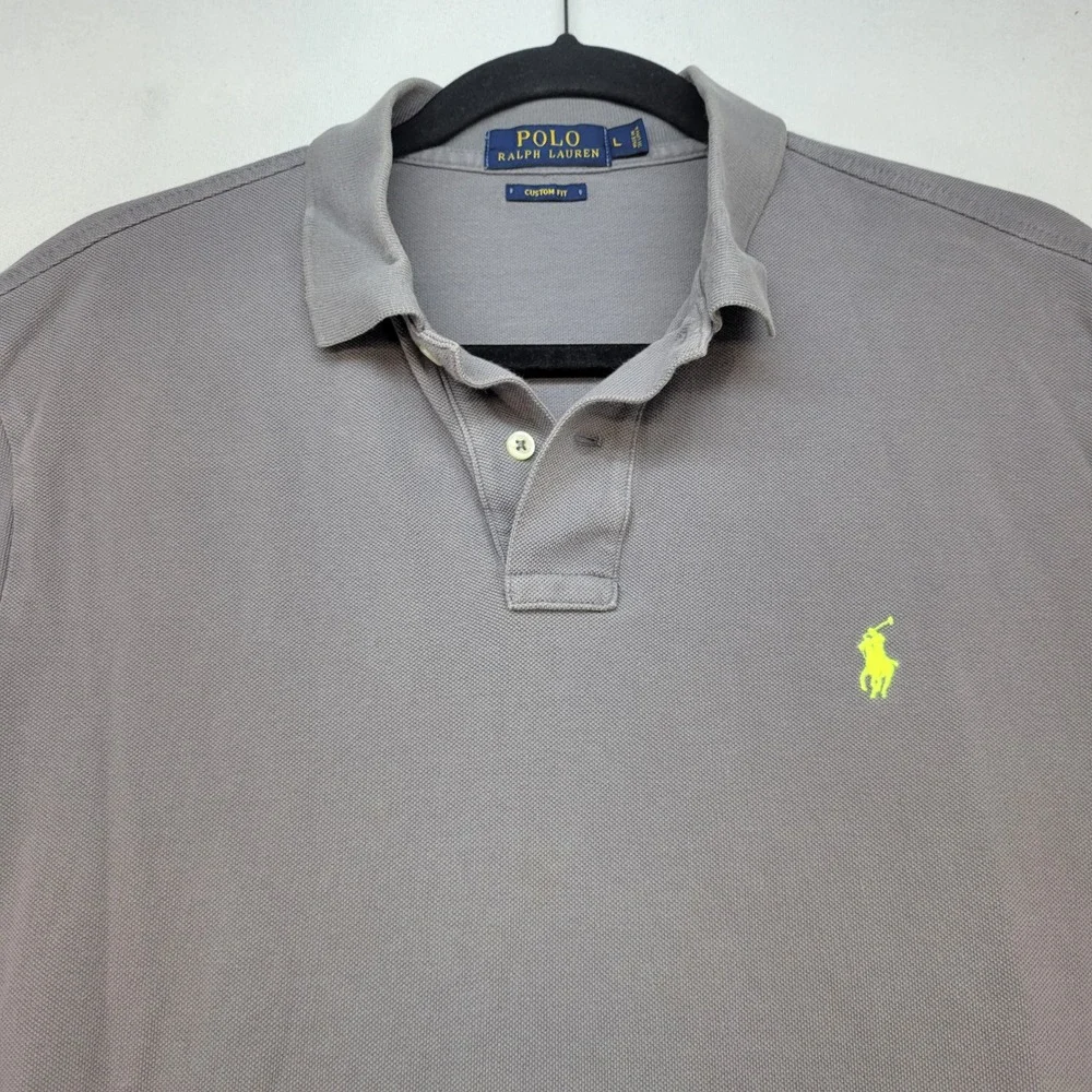 Polo Ralph Lauren Polo Shirt Mens Large Gray Custom Fit Neon Yellow Pony Logo